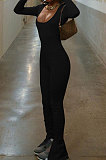 Black Luxe Casual Cotton Blend Long Sleeve U Neck Backless Collect Waist Jumpsuits DN8636-1