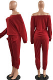 Red Fashion Preppy Cotton Long Sleeve Oblique Shoulder Loose Tops Skinny Pants Casual Sets H1743 -1