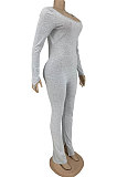 White Grey Luxe Casual Cotton Blend Long Sleeve U Neck Backless Collect Waist Jumpsuits DN8636-2