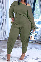 Light Green Fashion Preppy Cotton Long Sleeve Oblique Shoulder Loose Tops Skinny Pants Casual Sets H1743-7