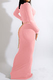 Pink Sexy Women's Ribber Long Sleeve Deep V Neck Collect Waist Plain Color For Party Maix Dress LY051-1
