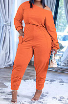 Orange Fashion Preppy Cotton Long Sleeve Oblique Shoulder Loose Tops Skinny Pants Casual Sets H1743-4