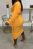 Black Simple Women,s Preppy Long Sleeve Loose Tops High Waist Wrap Skirts Plain Color Tassel Sets H1750-1