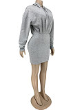Grey Wholesale Cotton Preppy Long Sleeve Hoodie Mini Dress DN8639-1