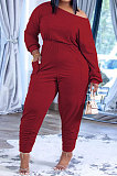 Red Fashion Preppy Cotton Long Sleeve Oblique Shoulder Loose Tops Skinny Pants Casual Sets H1743 -1