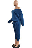 Blue Fashion Preppy Cotton Long Sleeve Oblique Shoulder Loose Tops Skinny Pants Casual Sets H1743-6