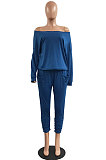 Blue Fashion Preppy Cotton Long Sleeve Oblique Shoulder Loose Tops Skinny Pants Casual Sets H1743-6