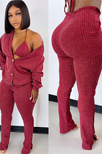 Wine Red Sexy Ribber Cotton Strapless&Cardigan Coat Flare Pants Slim Fitting Three Piece H1756
