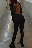 Black Luxe Casual Cotton Blend Long Sleeve U Neck Backless Collect Waist Jumpsuits DN8636-1