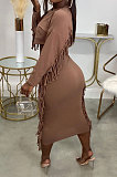Black Simple Women,s Preppy Long Sleeve Loose Tops High Waist Wrap Skirts Plain Color Tassel Sets H1750-1