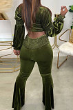 Green Luxe Casual Women's Puff Sleeve High Neck Crop Tops Flare Pants Fashion Sets H1753 