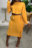 Brown Simple Women,s Preppy Long Sleeve Loose Tops High Waist Wrap Skirts Plain Color Tassel Sets H1750-3
