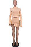 Light Orange Fashion New Women's Long Sleeve O Collar Tops Split Skirts Solid Color Sets LY050-2