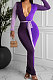 Violet Sexy Matching Color Long Sleeve Deep V Collar With Beltband Slim Fitting Long Dress LY048-2
