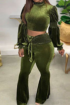 Green Luxe Casual Women's Puff Sleeve High Neck Crop Tops Flare Pants Fashion Sets H1753 
