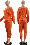 Orange Fashion Preppy Cotton Long Sleeve Oblique Shoulder Loose Tops Skinny Pants Casual Sets H1743-4