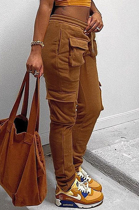 Brown Modest New Double-Sided Velvet Solid Pocket Cargo Pants DN8637-3