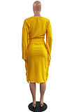 Yellow Simple Women,s Preppy Long Sleeve Loose Tops High Waist Wrap Skirts Plain Color Tassel Sets H1750-2