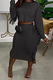 Brown Simple Women,s Preppy Long Sleeve Loose Tops High Waist Wrap Skirts Plain Color Tassel Sets H1750-3