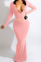 Pink Sexy Women's Ribber Long Sleeve Deep V Neck Collect Waist Plain Color For Party Maix Dress LY051-1