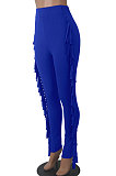 Bright Blue Women Fashion Solid Color Sexy Tassel Mid Waist Long Pants WMZ2683-4