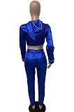 Blue Winter Women Solid Color Hoodie Top Long Sleeve Zipper Dew Waist Sexy Smooth Cloth Pants Sets LD81069-1