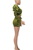 Green Women Cardigan Short Crop Ruffle Korea Velvet Solid Color Zipper Shorts Sets Q975-3