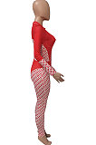 Red Women Contrast Color Positioning Printing High Waist Bodycon Jumpsuits Q967-1
