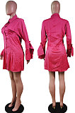 Rose Red Fashion Preppy Pure Color Horn Sleeve Single-Breasted Collect Waist Shirts Dress WY6861-5