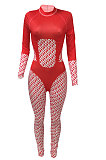 Red Women Contrast Color Positioning Printing High Waist Bodycon Jumpsuits Q967-1