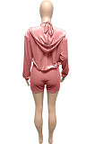 Pink Women Pure Color Tank Condole Belt Cardigan Korea Velvet Zipper Pocket Shorts Three Pieces Q976-1