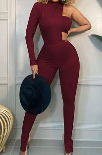 Wine Red Fashion Sexy Ribber Pure Color  Strapless&One Sleeve Tops Slit Skinny Pants Three Piece HH10011-3