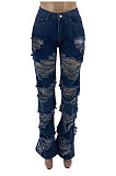 Dark Blue Wholesale New Modest Wave Hole Jean Pants SZS1003