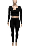 Black Women Ribber V Collar Long Sleeve Solid Color Bodycon Jumpsuits Pants Sets Q979-4