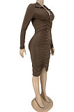 Black Sexy Elegunt Long Sleeve Lapel Neck Front Button Ruffle Hip Dress DN8641-2