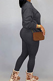 Black Women Long Sleeve Round Collar Pure Color Pants Sets LD86311-3