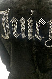 Black Women Autumn Winter Pleuche Hoodie Top Zipper Back Hot Drilling Letters Pure Color Casual Pants Sets LD81062-1