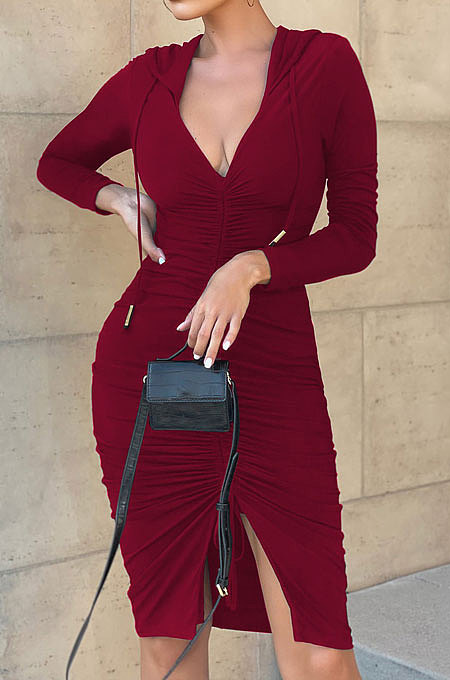 Wine Red Wholesale Casual Long Sleeve Deep V Neck Ruffle Slit Hooded Dress WY6854-1