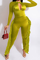 Neon Green Luxe Fashion Pure Color Long Sleeve Zip Back Slim Fitting Tassel Jumpsuits SZS8189-1