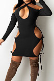 Dark Brown Night Club Sexy Ribber Halter Neck Bandage Hollow Out Hip Dress HH88989-2