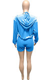 Light Blue Women Pure Color Tank Condole Belt Cardigan Korea Velvet Zipper Pocket Shorts Three Pieces Q976-5