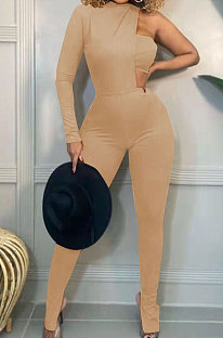 Khaki Fashion Sexy Ribber Pure Color  Strapless&One Sleeve Tops Slit Skinny Pants Three Piece HH10011-2
