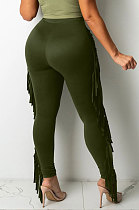 Army Green Women Fashion Solid Color Sexy Tassel Mid Waist Long Pants WMZ2683-3