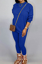 Blue Women Long Sleeve Round Collar Pure Color Pants Sets LD86311-4