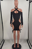 Black Night Club Sexy Ribber Halter Neck Bandage Hollow Out Hip Dress HH88989-3
