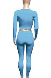 Orange Women Ribber V Collar Long Sleeve Solid Color Bodycon Jumpsuits Pants Sets Q979-2