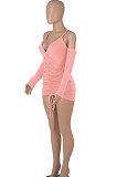Pink Women Pure Color Off Shoulder V Collar Bandage Drawsting Long Sleeve Mini Dress WMZ2680-3