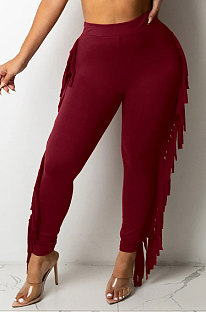 Wine Red Women Fashion Solid Color Sexy Tassel Mid Waist Long Pants WMZ2683-2
