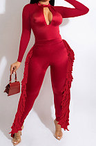Red Luxe Fashion Pure Color Long Sleeve Zip Back Slim Fitting Tassel Jumpsuits SZS8189-2