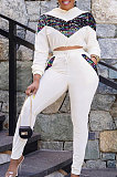 White Casual Sport Sequins Spliced Long Sleeve Hoodie Tops Jogger Pants Sets SZS8191-2